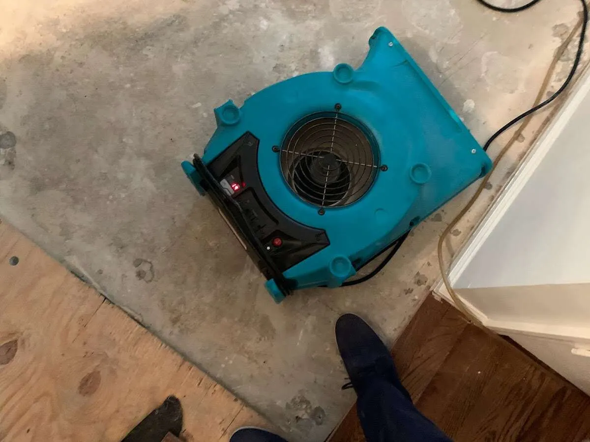 Air mover drying subfloor during Commercial Water Damage Restoration in Ocean Springs